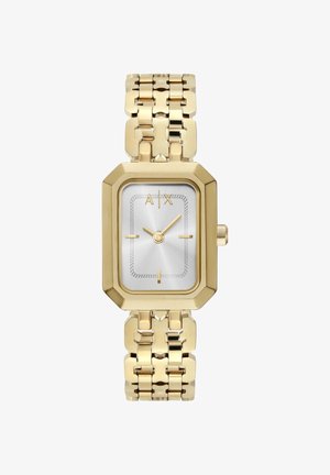 Zlata kovinska ura z pravokotno površino, srebrnim številčnikom in zlatimi oznakami. Ima masiven link braselet z poliranim finišom.