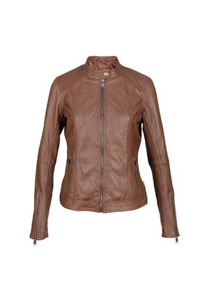 Braune Lederjacke mit Stehkragen, Frontreißverschluss und seitlichen Reißverschlusstaschen. Verfügt über gestickte Details und eine taillierte Silhouette.