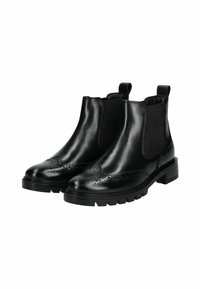 Černé kožené Chelsea boty s elastickými bočními panely, brogue detaily, strukturovanou podrážkou a poutky pro snadné obutí. Design s hranatou špičkou.