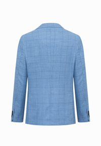 Hellblauer Blazer mit kariertem Muster, langen Ärmeln und schwarzen Knöpfen an den Manschetten, von hinten gezeigt.