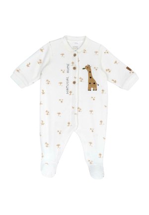 Body bébé blanc avec motifs d’arbres beige, boutons en bois, texte « NATURAL HOME » et application girafe marron sur la poitrine.