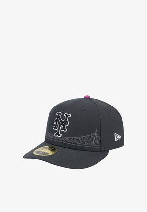 Black fitted cap with a curved visor, featuring white embroidered "NY" logo and bridge design, and a purple accent on the top button.