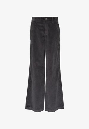 Dunkelgraue Cord-Hose mit weitem Bein, vertikalen Rillen, einem Bund mit Gürtelschlaufen und einem einzelnen Knopfverschluss vorne.