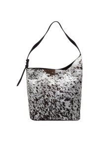 Bolso de cuero de vaca con una correa de hombro negra. Presenta un patrón de manchas blancas y marrones. Textura suave con una forma flexible y parte superior abierta.