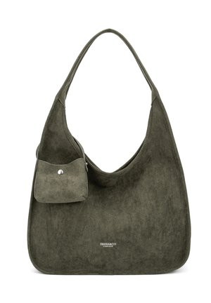 Borsa hobo in camoscio verde oliva con una singola tracolla e una piccola pochette allegata con chiusura a scatto.