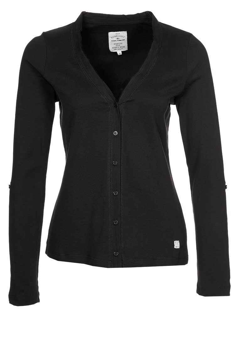 Cardigan noir à manches longues en tissu doux, avec un col en V, une fermeture à boutons et une petite étiquette dans l'ourlet. Texture lisse et coupe ajustée.