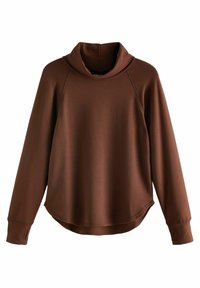 Bruine pullover met een hoge kraag, lange raglanmouwen en een afgeronde zoom. Gladde textuur met gestikte accenten aan de mouwuiteinden.