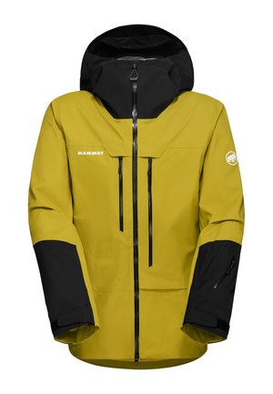 Veste imperméable jaune et noire avec capuche, poches zippées, poignets ajustables et détails de logo. Fabriquée en matériau durable et léger.