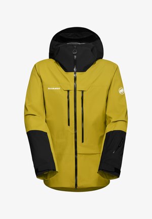 Geel en zwarte waterdichte jas met een capuchon, ritszakken, verstelbare mouwen en logodetails. Gemaakt van duurzaam, lichtgewicht materiaal.