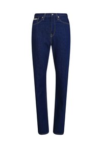 Jeans de mezclilla azul oscuro con corte recto, con costuras naranjas, cierre frontal de botón y cinco bolsillos.
