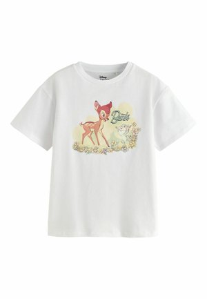 Hvid bomuld T-shirt med et farverigt Bambi-motiv med blomster og en tegneserie-kanin, rund halsudskæring og korte ærmer.