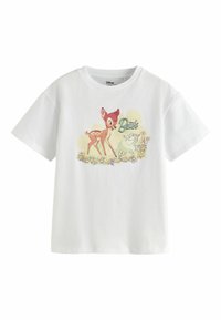 Valkoinen puuvillainen T-paita, jossa värikäs Bambi-kuvitus kukkien ja sarjakuvapupun kanssa, pyöreä pääntie ja lyhyet hihat.