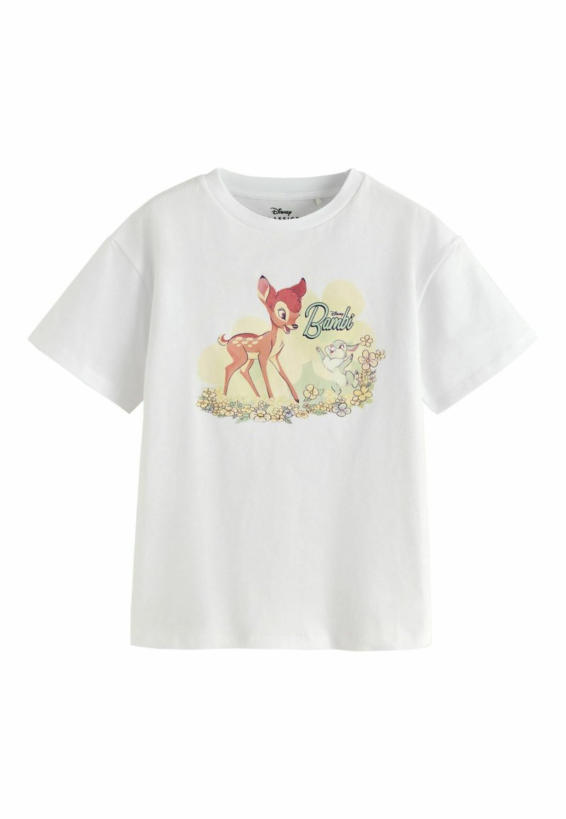 Valkoinen puuvillainen T-paita, jossa värikäs Bambi-kuvitus kukkien ja sarjakuvapupun kanssa, pyöreä pääntie ja lyhyet hihat.