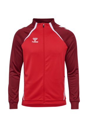 Rote Trainingsjacke mit hohem Kragen, durchgehendem Reißverschluss und kontrastierenden dunkelroten Ärmeln. Mit weißen Akzenten und dem Hummel-Logo auf der Brust.