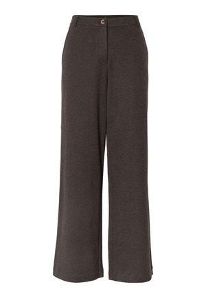 Pantalon large taille haute gris foncé avec fermeture à bouton et zip à l'avant, fabriqué en tissu texturé.