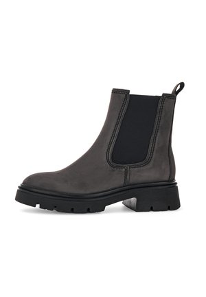 Bottines Chelsea noires avec un dessus en cuir lisse, des panneaux latéraux élastiques et une semelle en caoutchouc épaisse avec un profil texturé pour une meilleure adhérence.