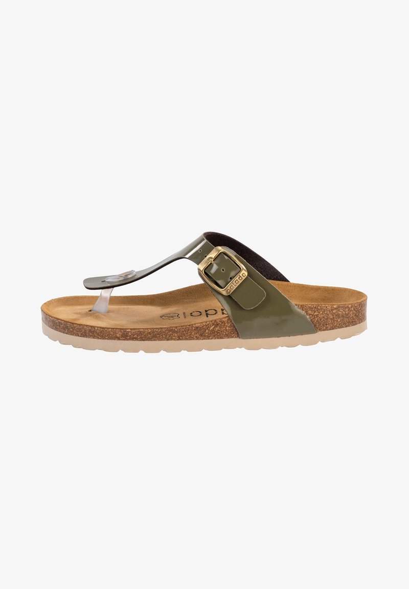 Vihreät ja ruskeat flip-flop-sandaalit, joissa on kiiltävä remmi, korkkipohja, kultainen solkiyksityiskohta ja kuvioitu pohja pidon takaamiseksi.