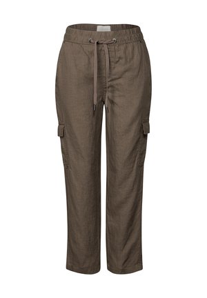 Pantalons cargo en lin de couleur marron muted avec une taille élastique, un cordon de serrage et des poches latérales pour utilité et confort.