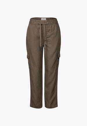 Leinencargo-Hosen in einem gedämpften Braunton mit einem elastischen Bund, Kordelzug und seitlichen Taschen für Funktionalität und Komfort.