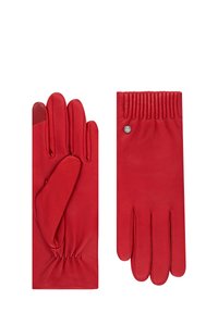 Red leather gloves with a smooth texture, featuring a gathered wrist and a decorative metal accent. One glove has a unique opening detail.