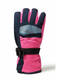 Vedenkestävä vaaleanpunainen ja tummansinihalkorinen hansikas, jossa on eristetty vuoraus, teksturoidut pitoalueet ja säädettävä musta hihna. Yläosassa on heijastava paneeli.