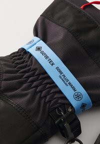 Sort isoleret handske med et GORE-TEX mærke i lys blå, med indsamlet stof og en tekstureret lædersektion, udstyret med en clips.