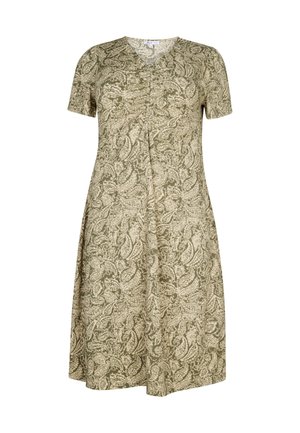 Korte mouw, V-hals jurk in olijfgroen met een paisleypatroon, voorzien van een gegatherde detail bij de taille en een vloeiende rok.
