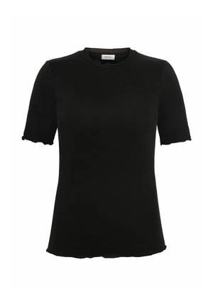 Black short-sleeve t-shirt with a round neckline, made from soft fabric, featuring wavy edges on sleeves and hem for a subtle design detail.