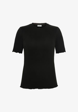 Black short-sleeve t-shirt with a round neckline, made from soft fabric, featuring wavy edges on sleeves and hem for a subtle design detail.