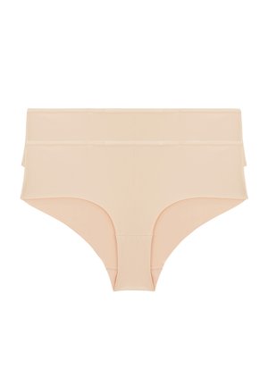 Culotte femme taille haute sans coutures couleur beige nude, tissu lisse et extensible, conception couvrante complète.