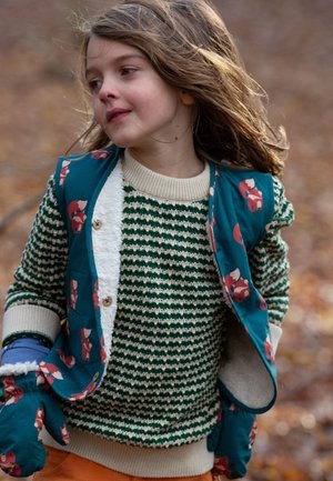 Ein Kind trägt einen grün-weiß gestreiften Strickpullover unter einer blaugrünen Weste mit Fuchs-Muster, die cremefarbene Akzente und Knopfverschlüsse hat.