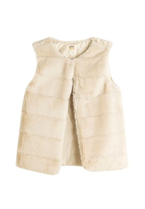 Beige Kunstfellweste mit rundem Ausschnitt, offener Front und horizontaler Steppung. Weiche Textur und glatte Innenauskleidung für höchsten Tragekomfort.
