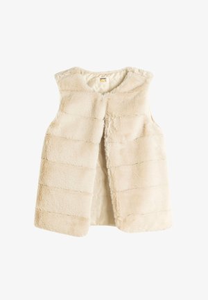 Beige nepbont vest met een ronde halslijn, open voorkant en horizontale stikdetails. Zachte textuur en gladde voering voor optimaal comfort.