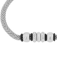 Bracciale in metallo intrecciato argento con perle bianche rotonde, accenti in gomma nera alternati e separatori decorati con cristalli.