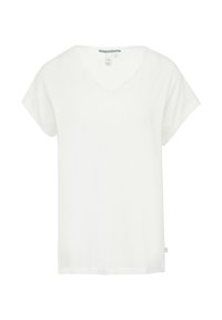 Weißes Kurzarm-V-Ausschnitt-T-Shirt aus weichem Baumwollstoff. Besitzt einen gewellten Halsausschnitt und ein minimalistisches Design ohne Verzierungen.