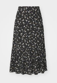 Falda negra con estampado floral que presenta un diseño acampanado, dobladillo con volantes y pequeños patrones de flores blancas y amarillas en toda la prenda. Fabricada con un tejido ligero.