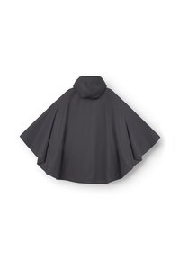 Poncho da pioggia con cappuccio impermeabile di un grigio scuro, con maniche larghe e fluttuanti, disteso su sfondo bianco.
