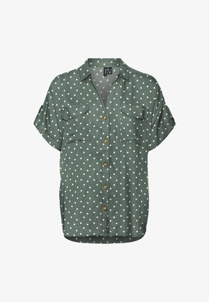 Grøn skjorte med knapper og hvide prikker, korte ærmer, to forlommer og guldknapper, med en afslappet pasform og buet kant.