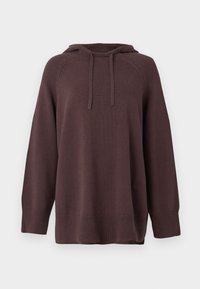Hoodie de malha castanho-escuro com mangas longas, punhos e bainha canelados, e cordões no decote.