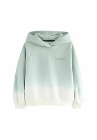 Hoodie verde chiaro con una sfumatura che sfuma verso il bianco. Presenta una tasca a marsupio, polsini a costine e un logo ricamato in una tonalità abbinata.