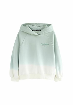 Sweat à capuche vert clair avec un dégradé vers le blanc. Il dispose d'une poche kangourou, de poignets côtelés et d'un logo brodé dans une teinte assortie.