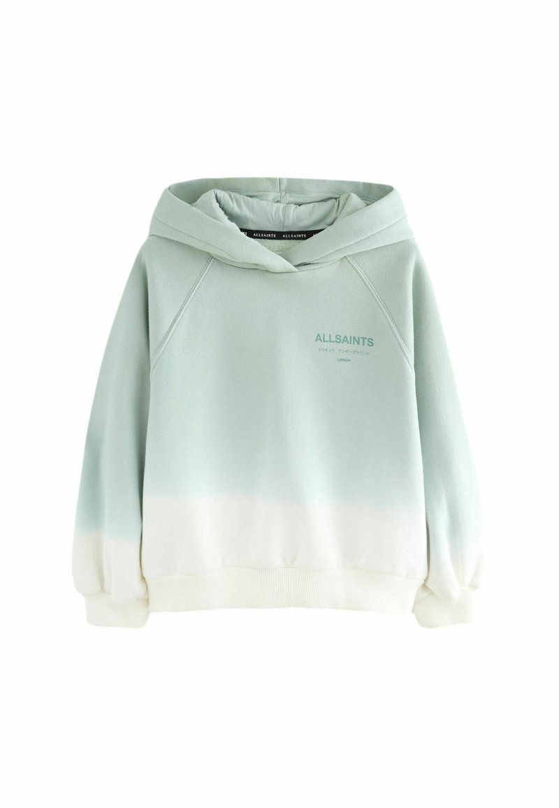 Hoodie verde chiaro con una sfumatura che sfuma verso il bianco. Presenta una tasca a marsupio, polsini a costine e un logo ricamato in una tonalità abbinata.