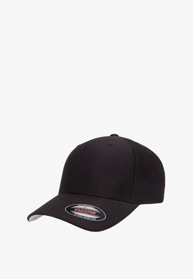 Black structured cap with a smooth texture, curved visor, and an adjustable band. Features a logo sticker on the front.