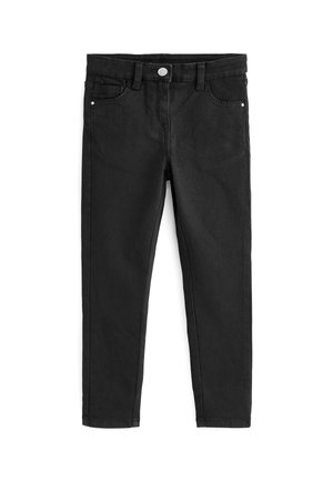 Jeans in denim nero con una vestibilità slim, dotati di cinque tasche, chiusura con bottone argentato e dettagli di cucitura discreti lungo le cuciture.