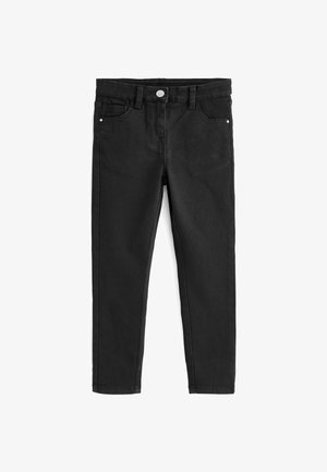 Črne denim hlače slim fit kroja, z petimi žepi, s srebrnim gumbom za zapiranje in subtilnimi šivi ob šivih.