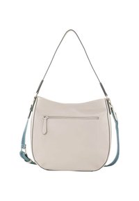 Borsa a tracolla in pelle grigia chiara con forma curvata, hardware argento e una tasca anteriore con zip. Presenta una tracolla blu con texture.