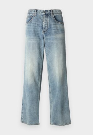 Lyseblå vide jeans i denim med højt liv, frontlommer og subtil fading. Renset søm og klassisk knaplukning.