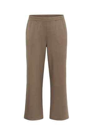 Pantalon droit à taille élastique marron, fabriqué en tissu doux, présenté à plat sur un fond blanc.