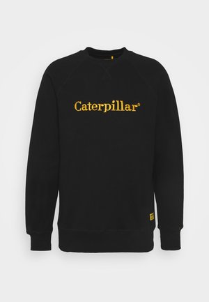 Schwarzer Sweatshirt mit langen Ärmeln und gelbem "Caterpillar"-Logo, mittig auf der Brust, sowie kleinem gelbem Etikett nahe dem Saum.