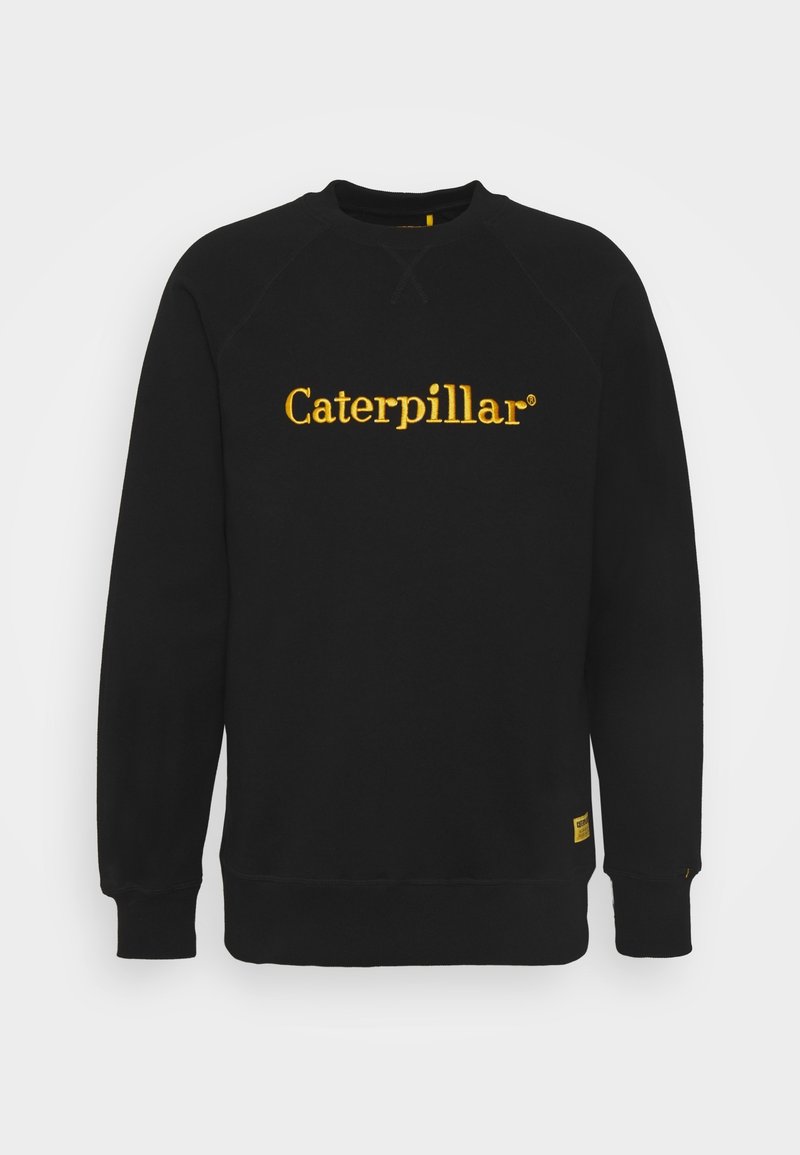 Sweat-shirt noir à manches longues avec le logo jaune "Caterpillar" centré sur la poitrine et une petite étiquette jaune près de l'ourlet.